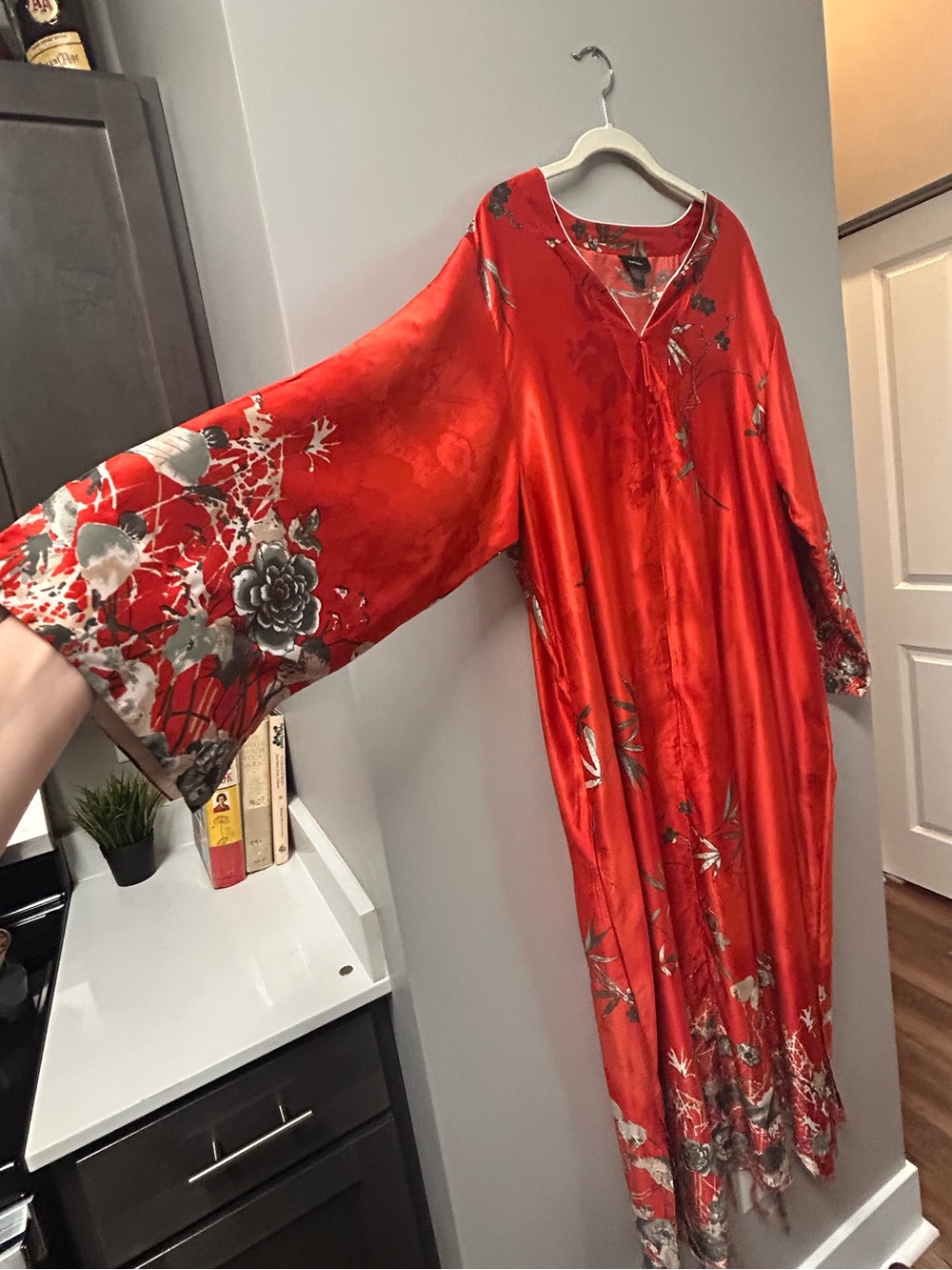 Natori Jacquard Floral Caftan Half Zip Orange XXL